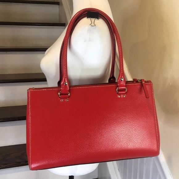 W KATE SPADE Large Red Leather Tote Briefcase Shoulder Bag with Three Sections - Picture 3 of 14
